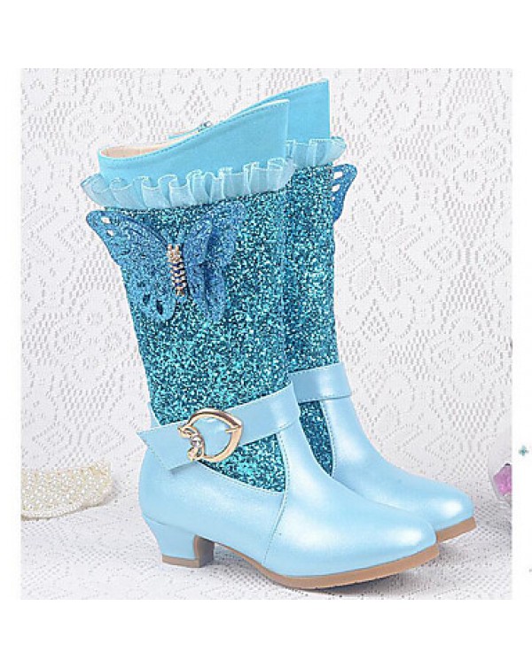 Girls Cinderella Suede Boots Princess Shoes Soft Bottom Dress shoes  Princess Fur Low Heel Knee High Boots  