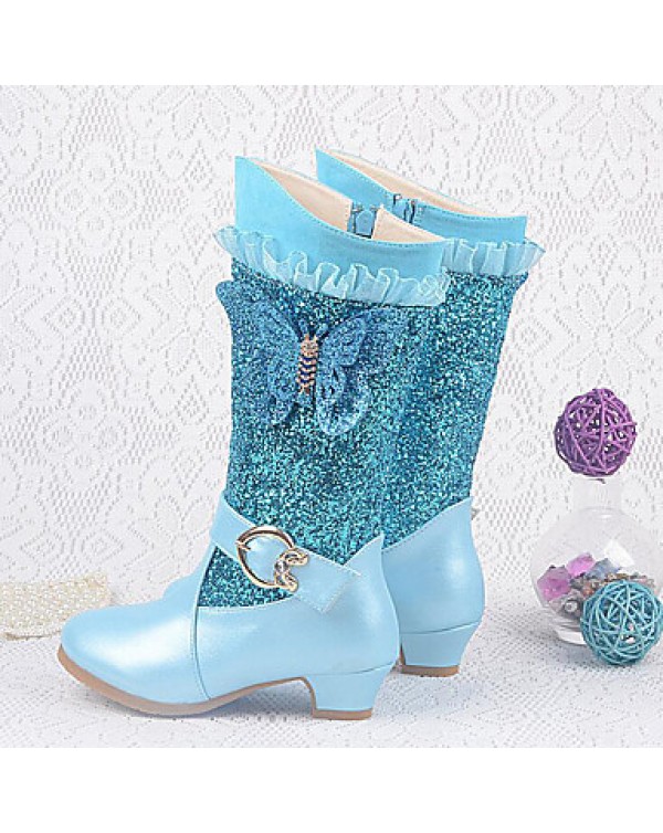 Girls Cinderella Suede Boots Princess Shoes Soft Bottom Dress shoes  Princess Fur Low Heel Knee High Boots  