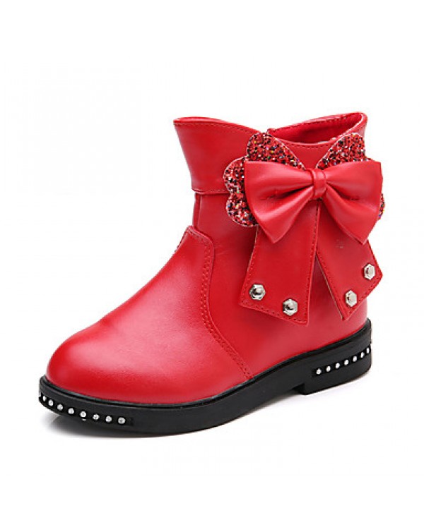 Girl's Boots Fall / Winter Comfort PU Casual Flat Heel Zipper Black / Pink / Red Walking  