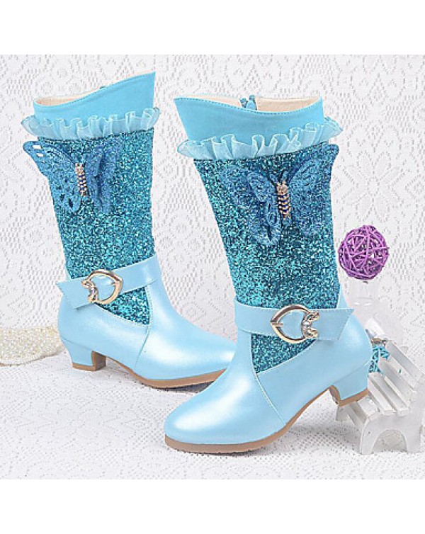 Girls Cinderella Suede Boots Princess Shoes Soft Bottom Dress shoes  Princess Fur Low Heel Knee High Boots  