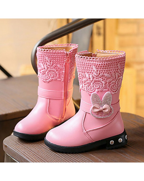 Girl's Boots Fall / Winter Comfort PU Casual Flat Heel Slip-on Black / Pink / Red Walking  