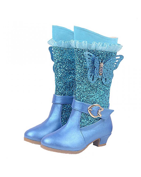 Girls Cinderella Suede Boots Princess Shoes Soft Bottom Dress shoes  Princess Fur Low Heel Knee High Boots  