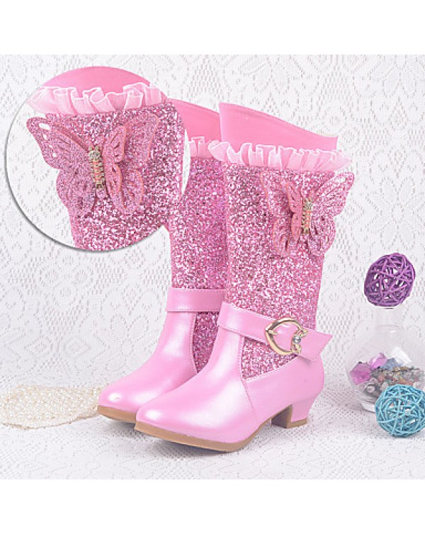 Girls Cinderella Suede Boots Princess Shoes Soft Bottom Dress shoes  Princess Fur Low Heel Knee High Boots  