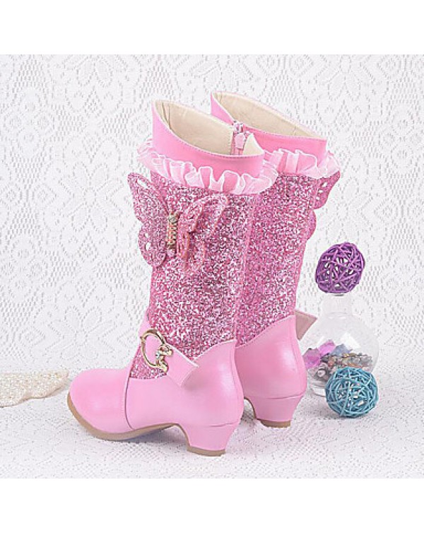 Girls Cinderella Suede Boots Princess Shoes Soft Bottom Dress shoes  Princess Fur Low Heel Knee High Boots  
