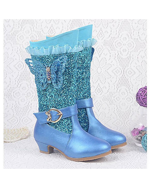 Girls Cinderella Suede Boots Princess Shoes Soft Bottom Dress shoes  Princess Fur Low Heel Knee High Boots  