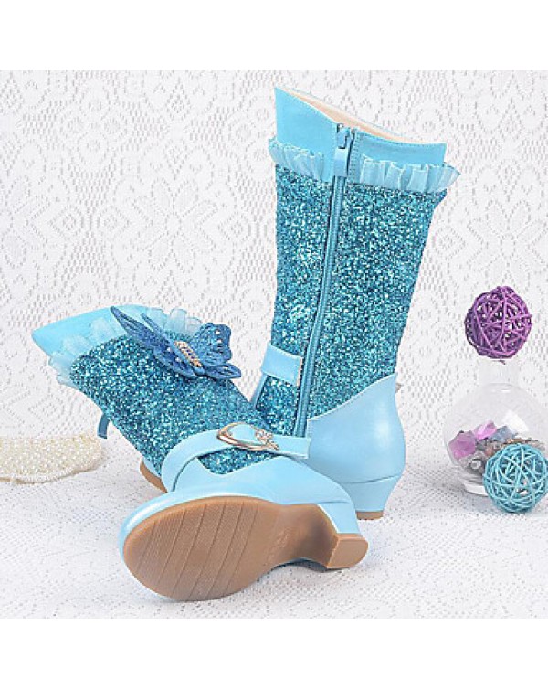 Girls Cinderella Suede Boots Princess Shoes Soft Bottom Dress shoes  Princess Fur Low Heel Knee High Boots  