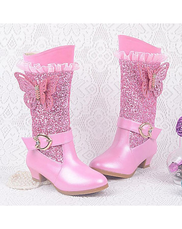 Girls Cinderella Suede Boots Princess Shoes Soft Bottom Dress shoes  Princess Fur Low Heel Knee High Boots  