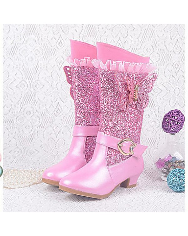 Girls Cinderella Suede Boots Princess Shoes Soft Bottom Dress shoes  Princess Fur Low Heel Knee High Boots  